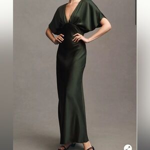 BHLDN Leila Deep V Flutter Sleeve Satin A-Line Gown in Dark Emerald
